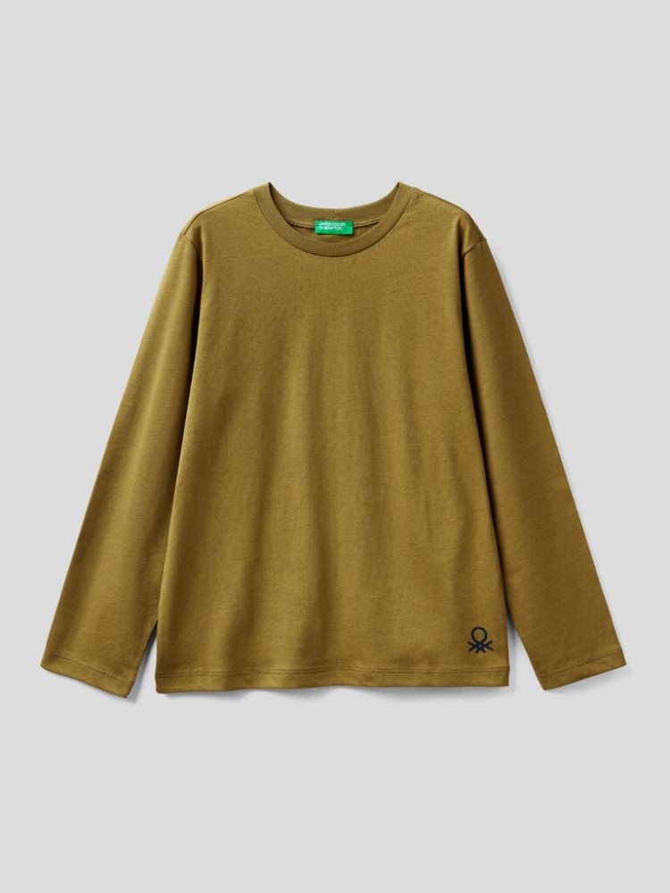 Benetton 100% Organic Katoenen Crew Neck Long Sleeve T-shirts Kinderen Groen | BE679856