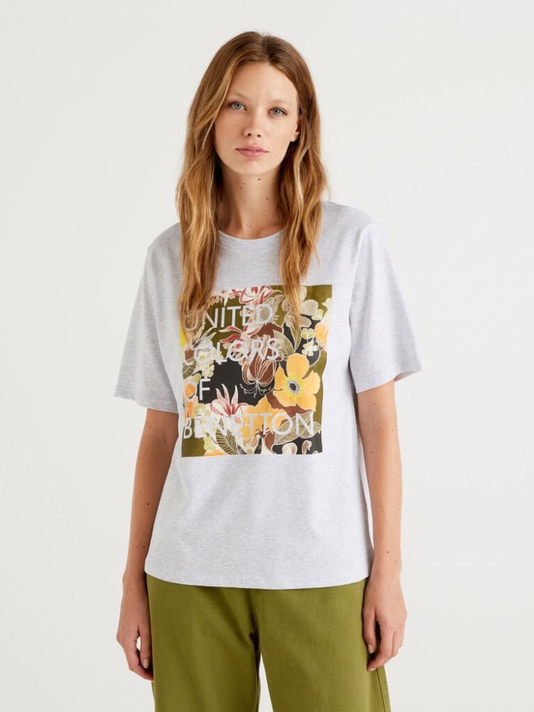 Benetton 100% Organic Katoenen Logo Print Short Sleeve T-shirts Dames Grijs | BE129934