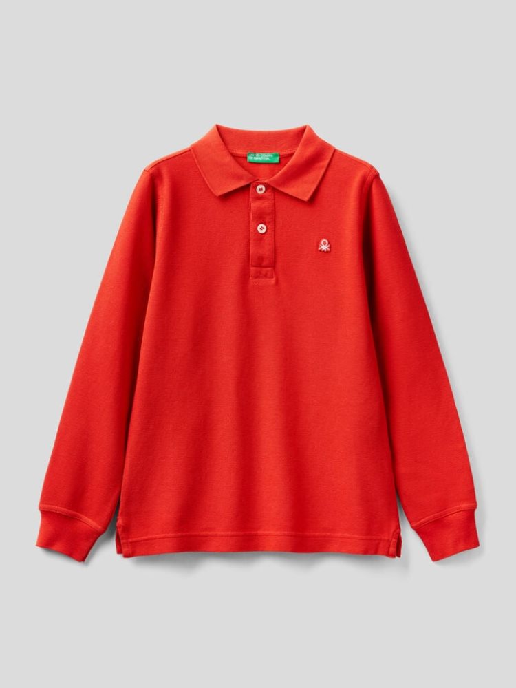 Benetton 100% Organic Katoenen Long Sleeve Poloshirt Kinderen Rood | BE036417