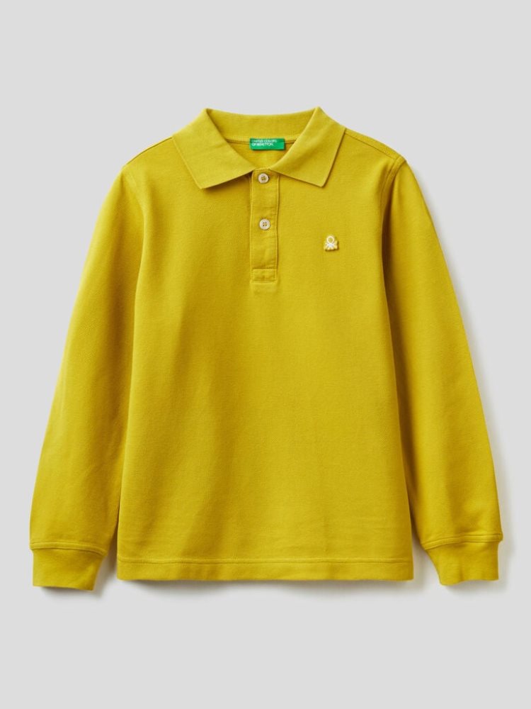 Benetton 100% Organic Katoenen Long Sleeve Poloshirt Kinderen Mosterdgeel | BE592919