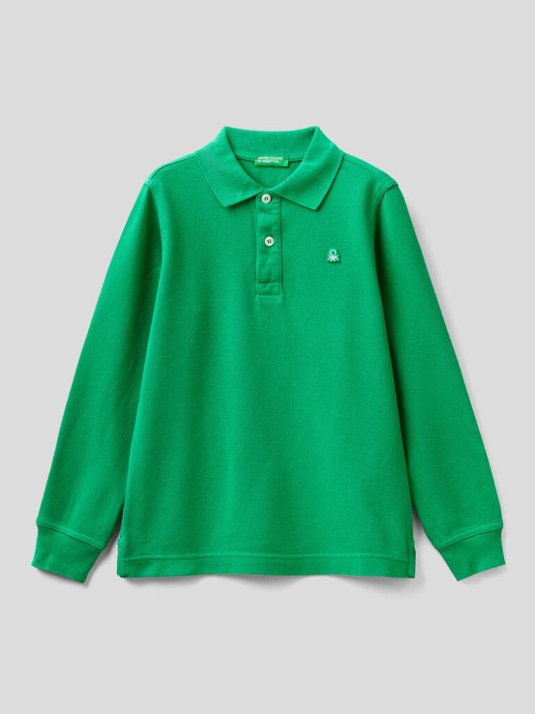 Benetton 100% Organic Katoenen Long Sleeve Poloshirt Kinderen Groen | BE946394