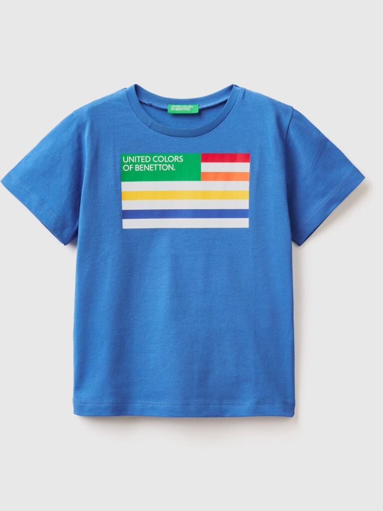 Benetton 100% Organic Katoenen Print Short Sleeve T-shirts Kinderen Blauw | BE770175