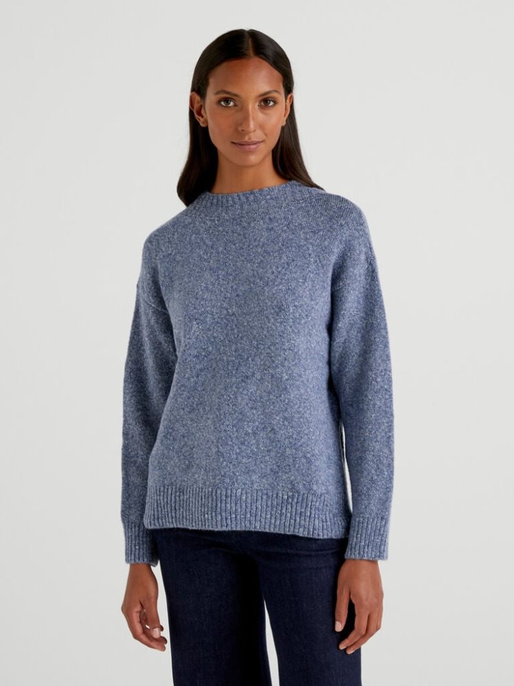 Benetton Boxy Fit Bouclé Wol Blend High Neck Sweaters Dames Lichtblauw | BE209248