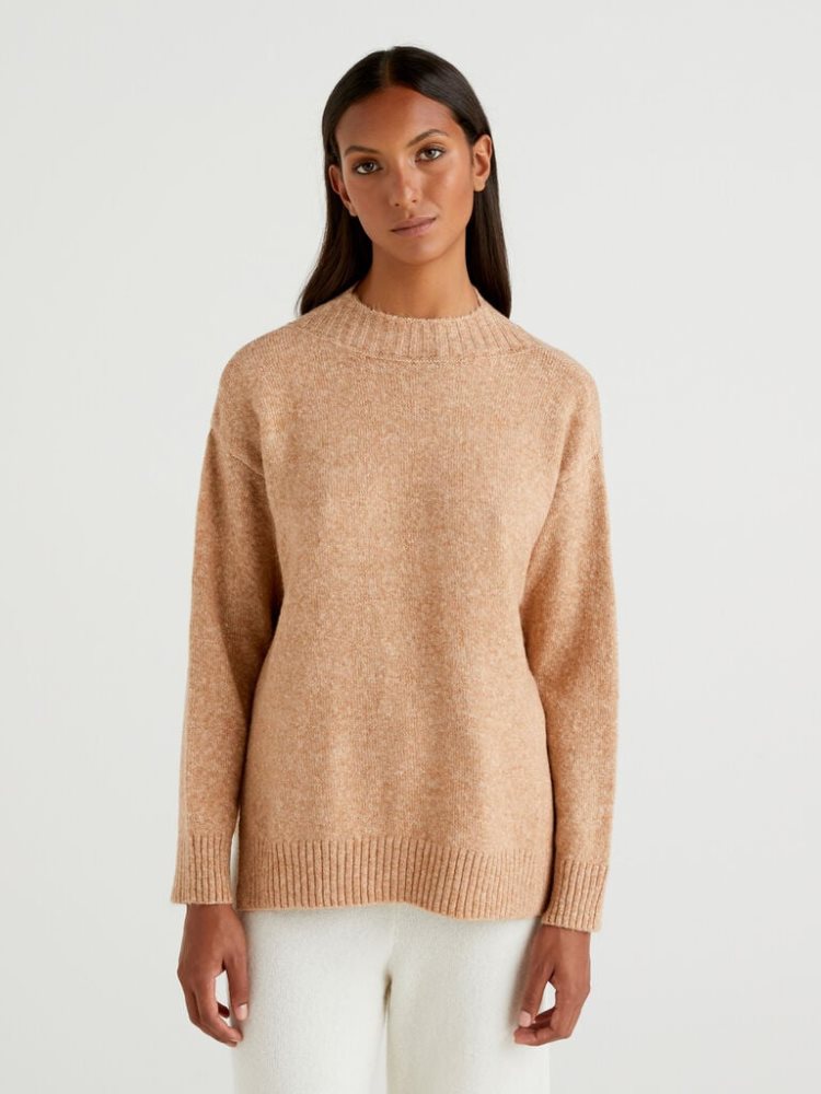 Benetton Boxy Fit Bouclé Wol Blend High Neck Sweaters Dames Beige | BE870627