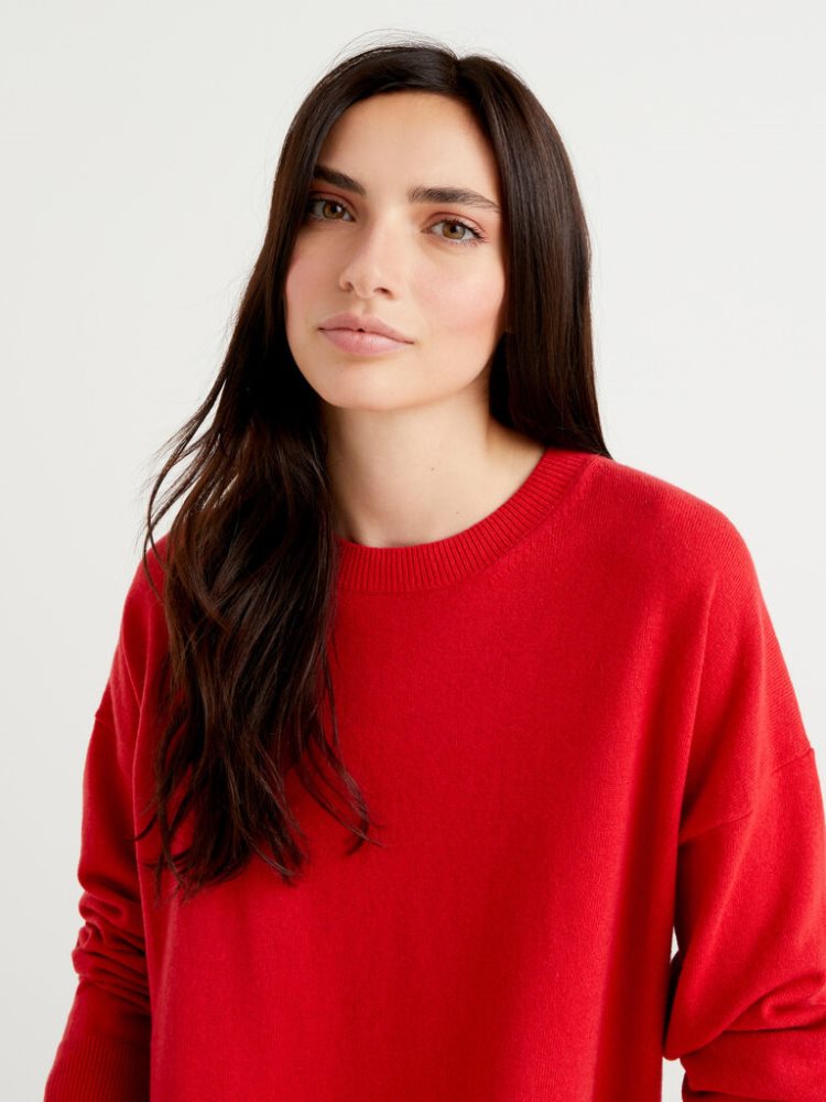 Benetton Boxy Fit Cashmere Blend Crew Neck Sweaters Dames Rood | BE040985