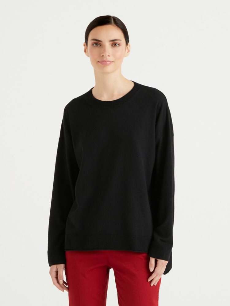 Benetton Boxy Fit Cashmere Blend Crew Neck Sweaters Dames Zwart | BE297082