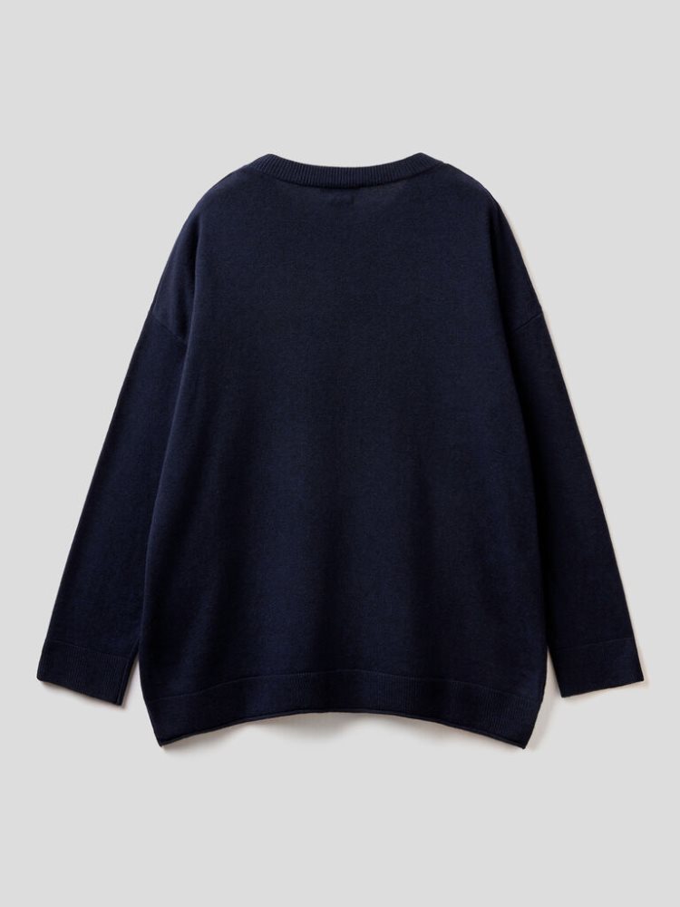 Benetton Boxy Fit Cashmere Blend Crew Neck Sweaters Dames Donkerblauw | BE335153