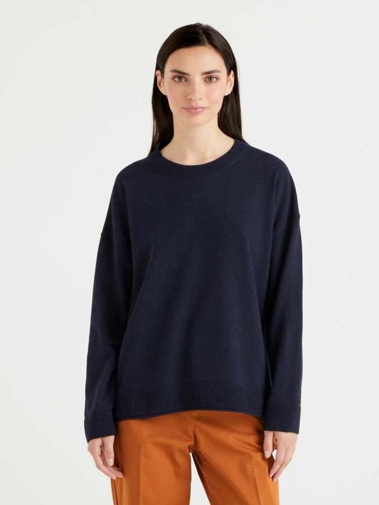 Benetton Boxy Fit Cashmere Blend Crew Neck Sweaters Dames Donkerblauw | BE335153