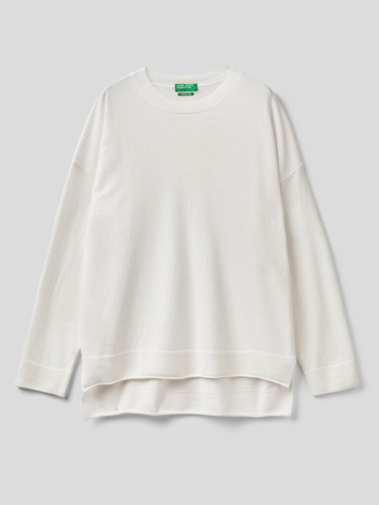 Benetton Boxy Fit Cashmere Blend Crew Neck Sweaters Dames Wit | BE726038