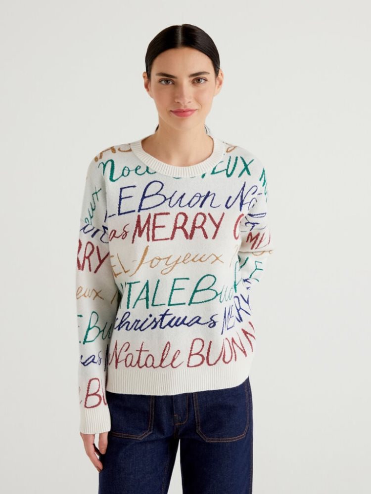 Benetton Boxy Fit Christmas Crew Neck Sweaters Dames Wit | BE551268