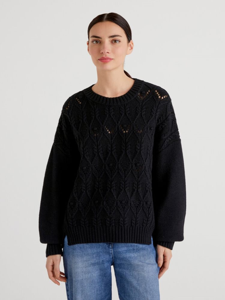 Benetton Boxy Fit Knit Crew Neck Sweaters Dames Zwart | BE090294