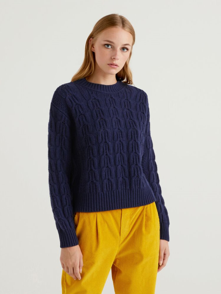 Benetton Boxy Fit Knit Crew Neck Sweaters Dames Donkerblauw | BE275232