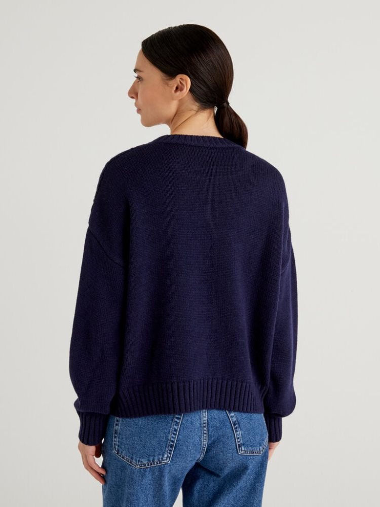 Benetton Boxy Fit Knit Crew Neck Sweaters Dames Donkerblauw | BE279698