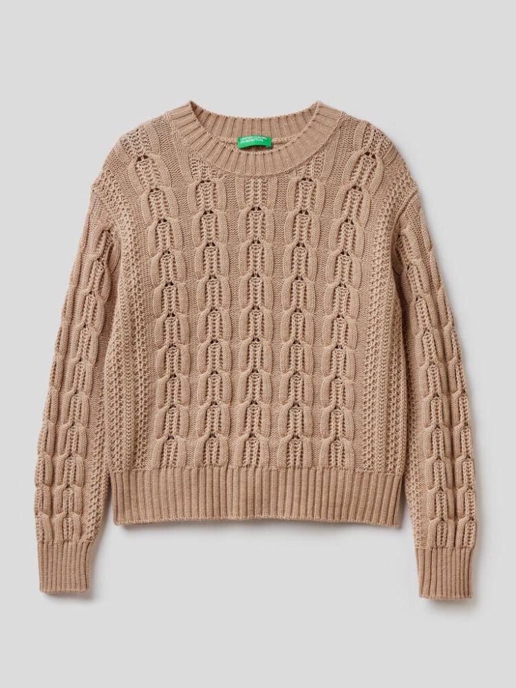 Benetton Boxy Fit Knit Crew Neck Sweaters Dames Beige | BE644557