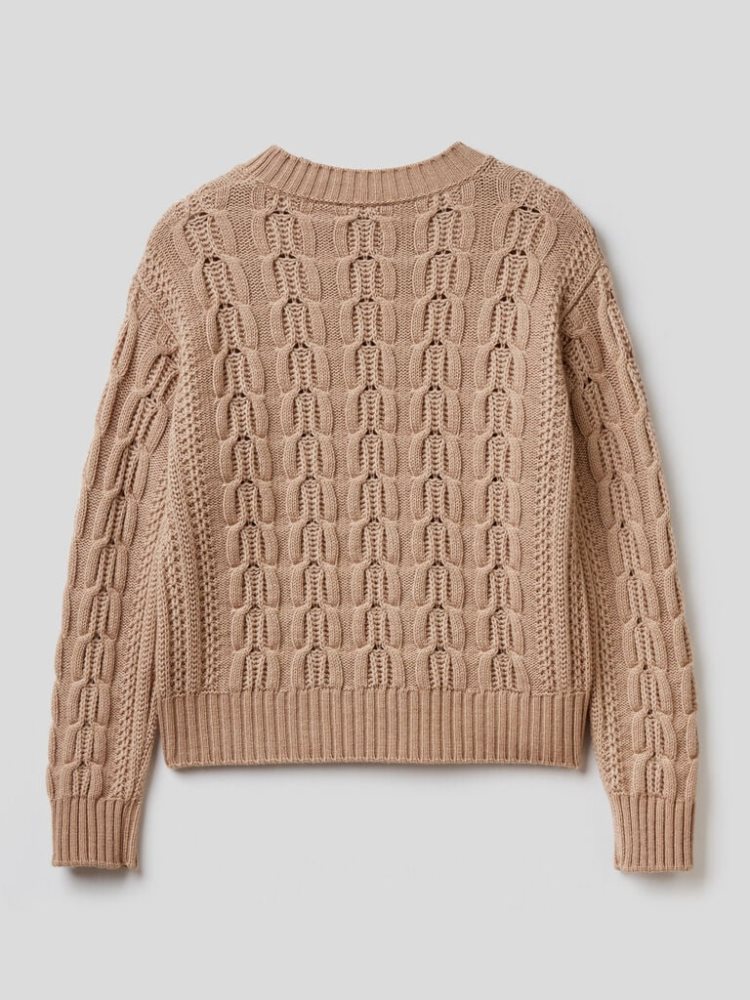 Benetton Boxy Fit Knit Crew Neck Sweaters Dames Beige | BE644557