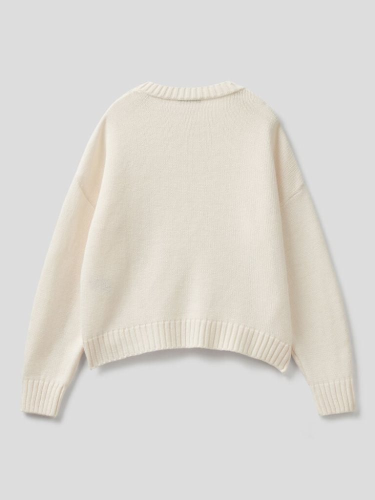 Benetton Boxy Fit Knit Crew Neck Sweaters Dames Wit | BE734419