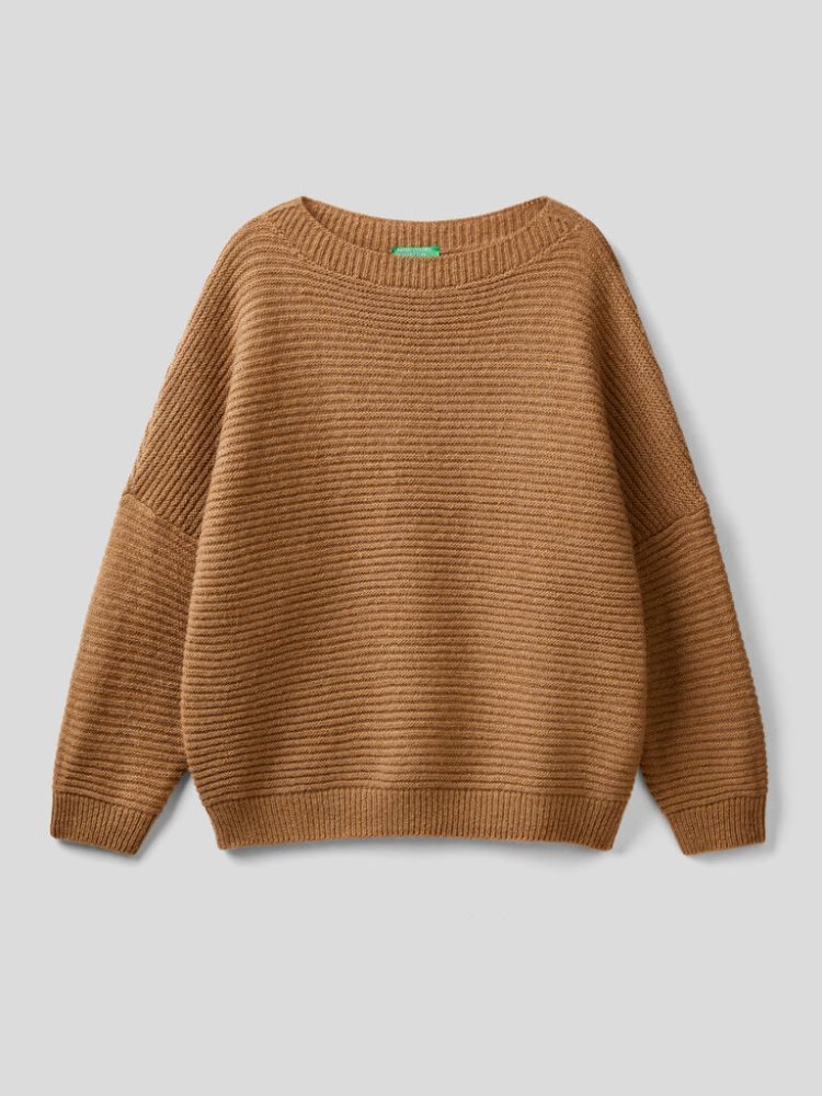 Benetton Boxy Fit Wol Blend Crew Neck Sweaters Dames Bruin | BE117863