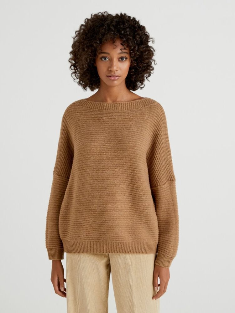 Benetton Boxy Fit Wol Blend Crew Neck Sweaters Dames Bruin | BE117863