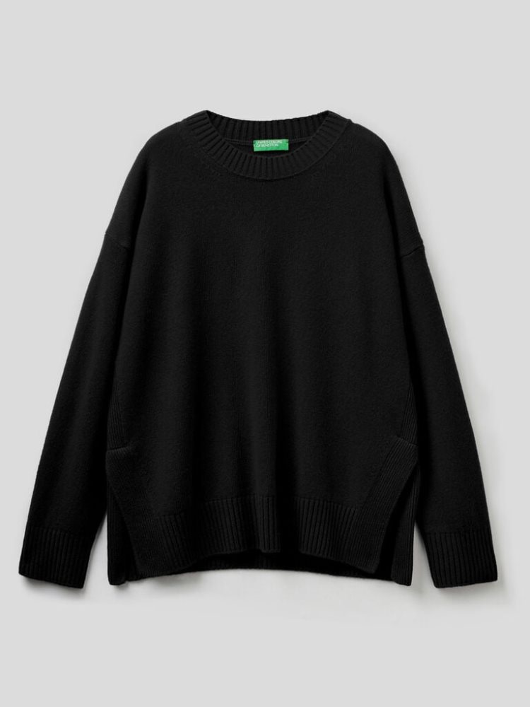 Benetton Boxy Fit Wol Blend Crew Neck Sweaters Dames Zwart | BE249363