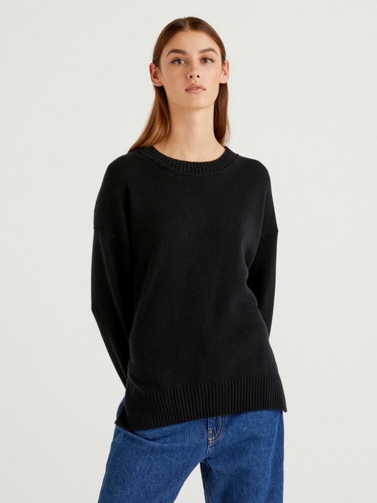 Benetton Boxy Fit Wol Blend Crew Neck Sweaters Dames Zwart | BE249363