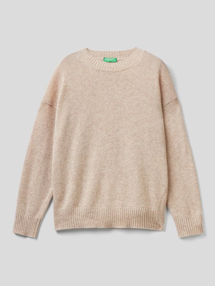 Benetton Boxy Fit Wol Blend Crew Neck Sweaters Dames Beige | BE267154