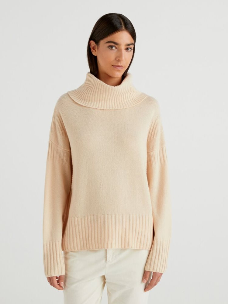 Benetton Boxy Fit Wol Blend Turtleneck High Neck Sweaters Dames Vanilla | BE856918