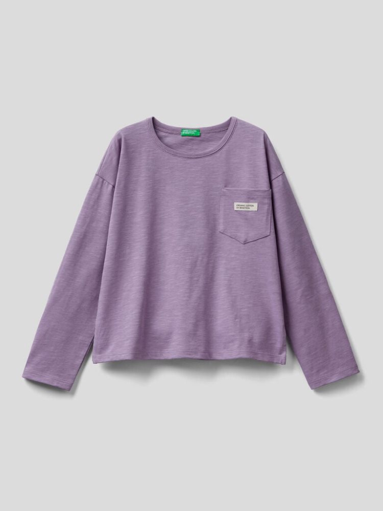 Benetton Breast Pocket Organic Katoenen Long Sleeve T-shirts Kinderen Lilac | BE080715