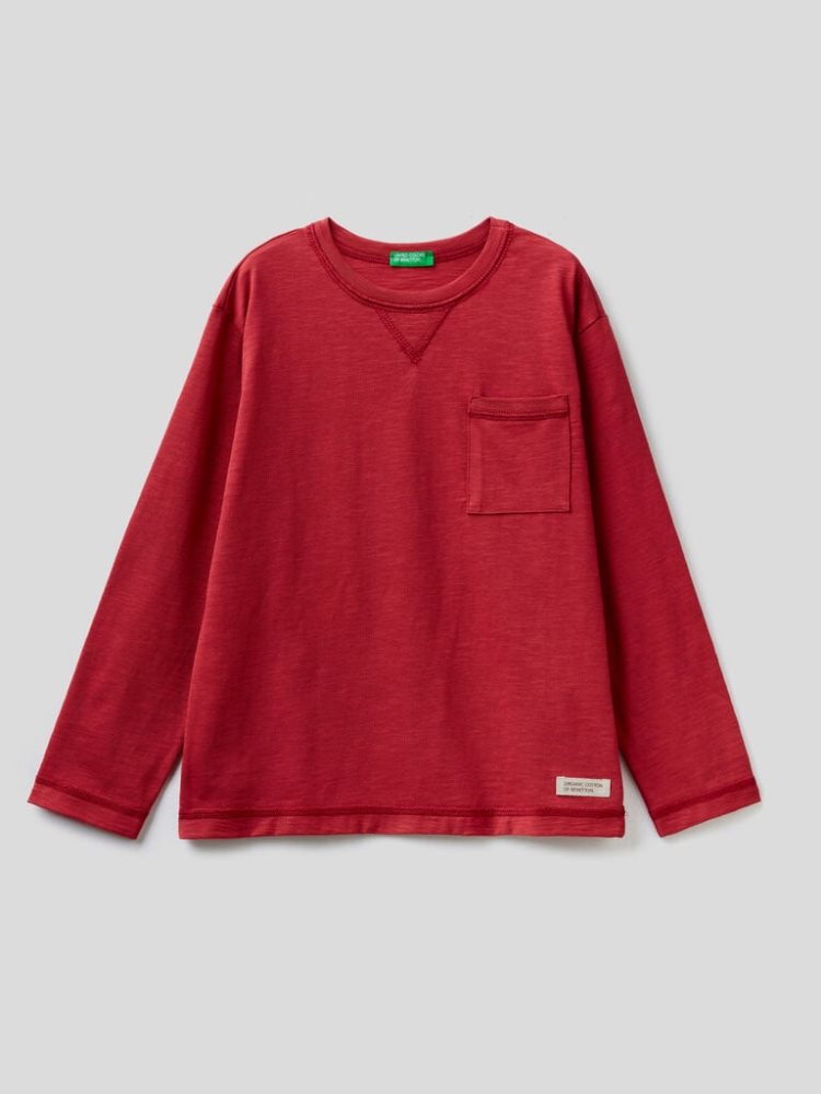 Benetton Breast Pocket Organic Katoenen Long Sleeve T-shirts Kinderen Rood | BE233461