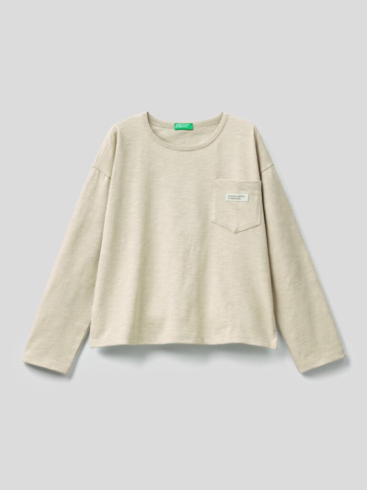 Benetton Breast Pocket Organic Katoenen Long Sleeve T-shirts Kinderen Wit | BE317252