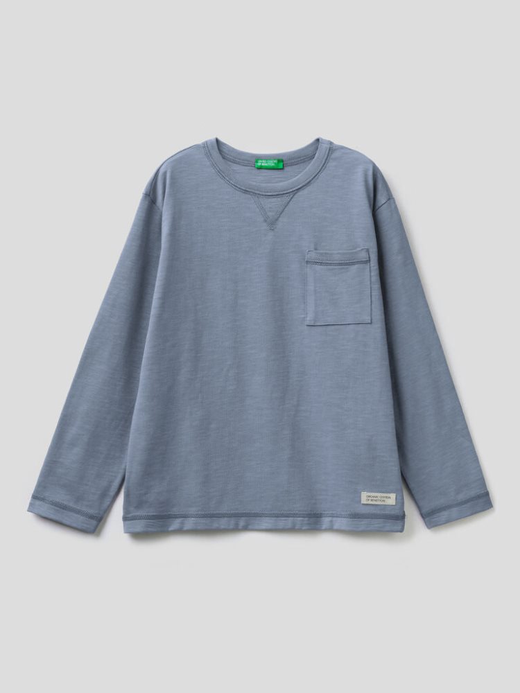 Benetton Breast Pocket Organic Katoenen Long Sleeve T-shirts Kinderen Blauw | BE342140