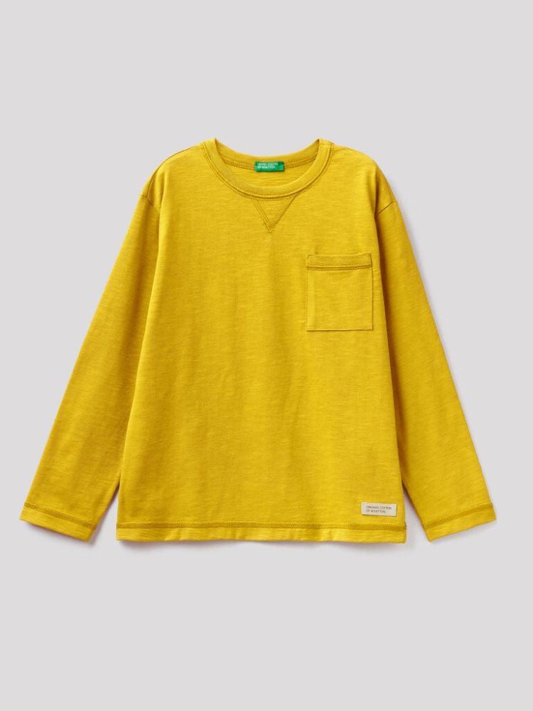 Benetton Breast Pocket Organic Katoenen Long Sleeve T-shirts Kinderen Mosterdgeel | BE617206