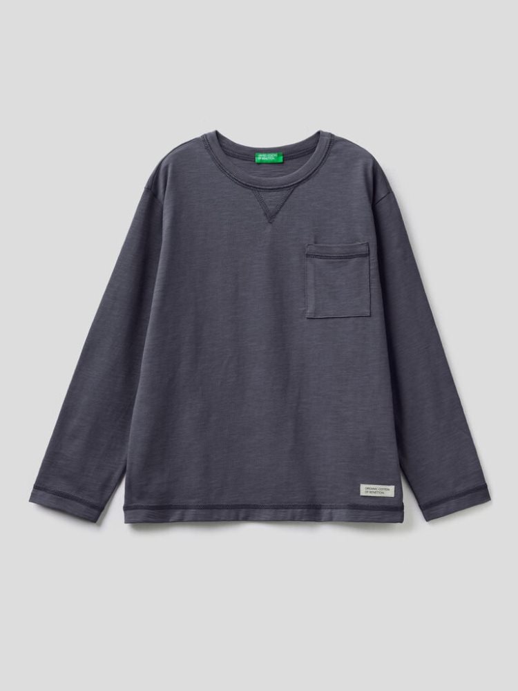 Benetton Breast Pocket Organic Katoenen Long Sleeve T-shirts Kinderen Donkerblauw | BE880274