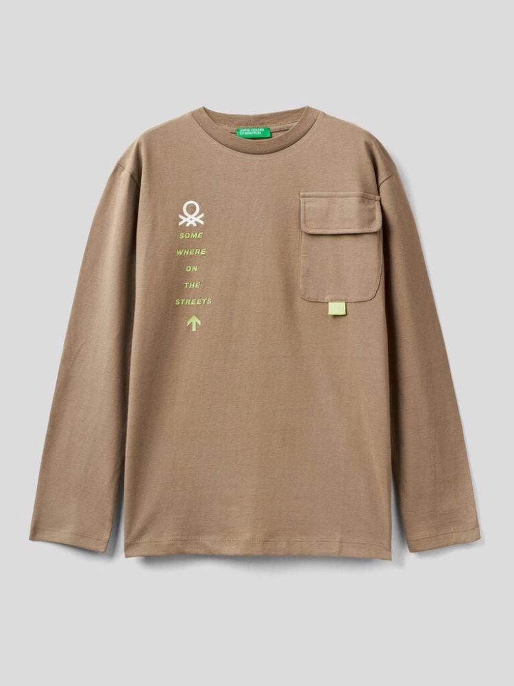 Benetton Breast Pocket Warm Katoenen Long Sleeve T-shirts Kinderen Beige | BE547018