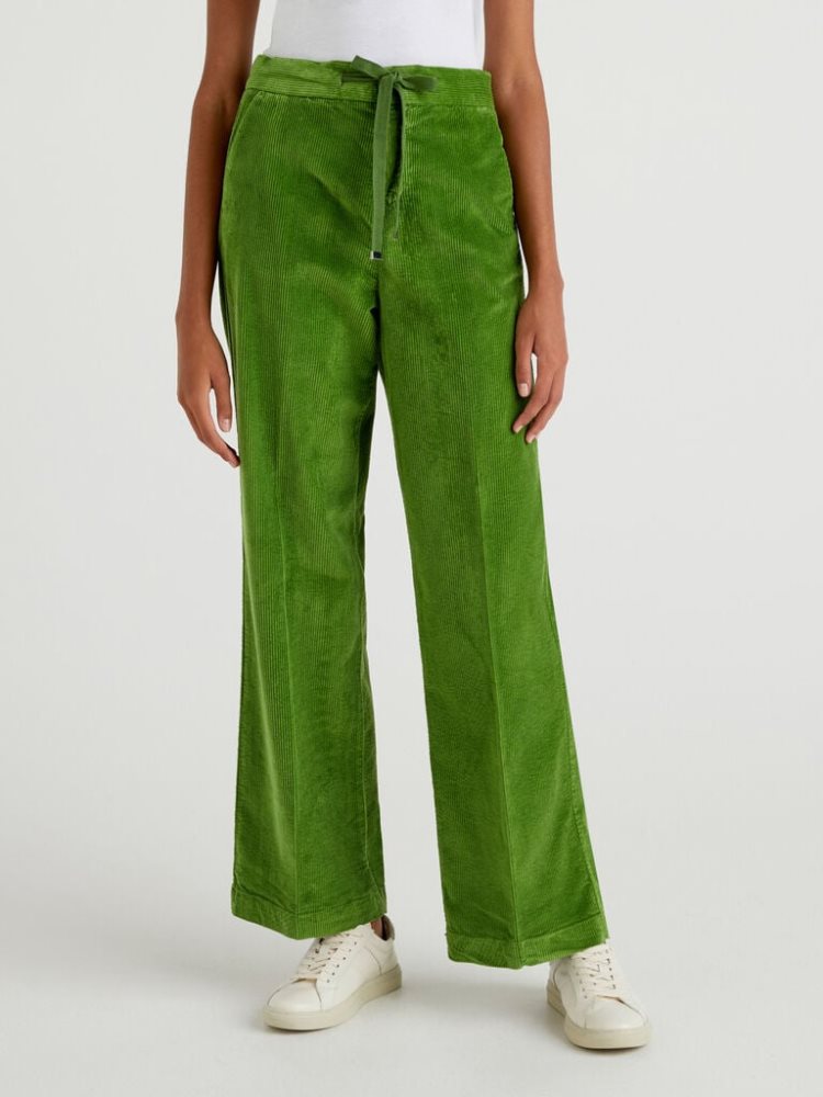 Benetton Brede Velvet Broek Dames Olijfgroen Groen | BE394899