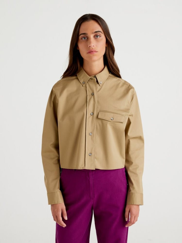 Benetton Button Down Pocket Overhemd Dames Bruin | BE420424