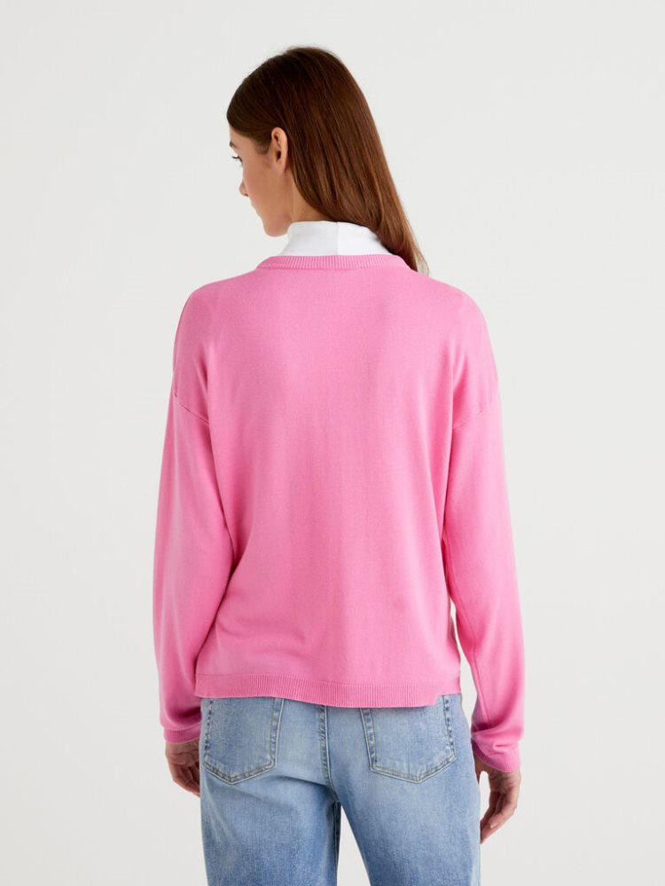 Benetton Buttons Crew Neck Cardigan Dames Roze | BE952343