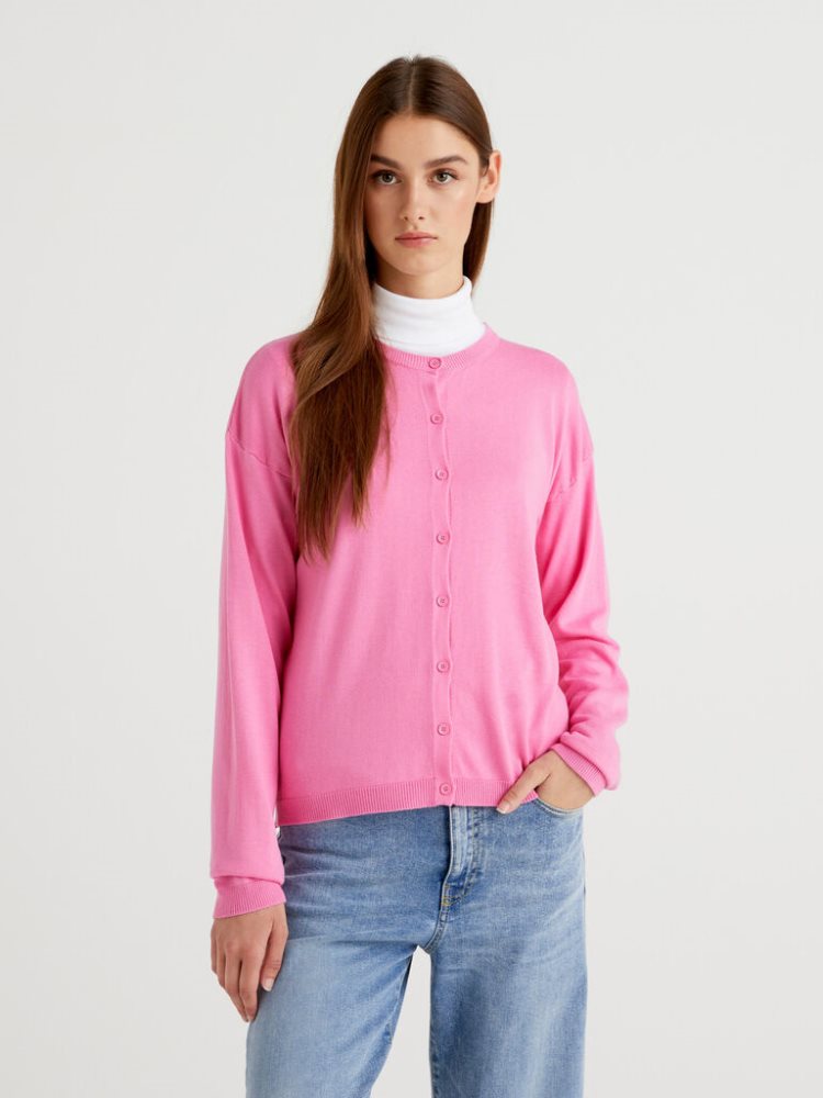 Benetton Buttons Crew Neck Cardigan Dames Roze | BE952343