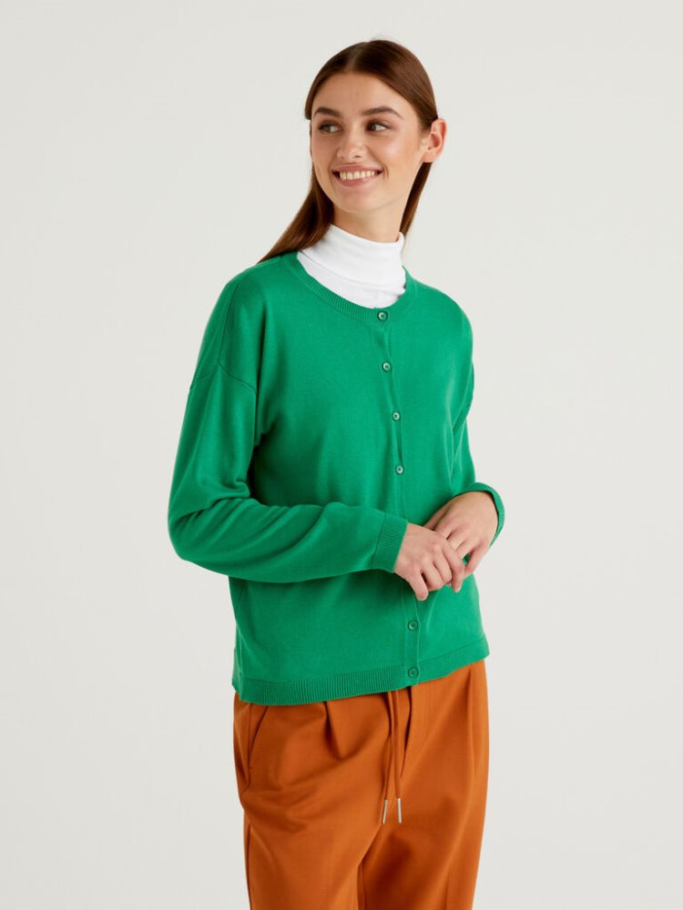 Benetton Buttons Crew Neck Cardigan Dames Groen | BE999723