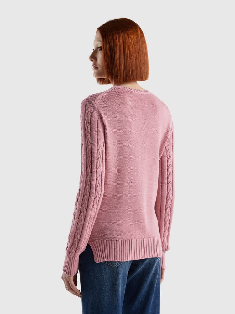 Benetton Cable Knit 100% Katoenen Crew Neck Sweaters Dames Roze | BE165052