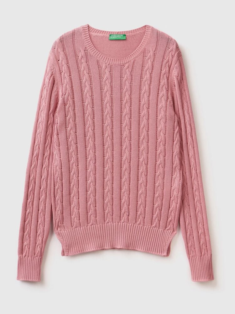 Benetton Cable Knit 100% Katoenen Crew Neck Sweaters Dames Roze | BE165052