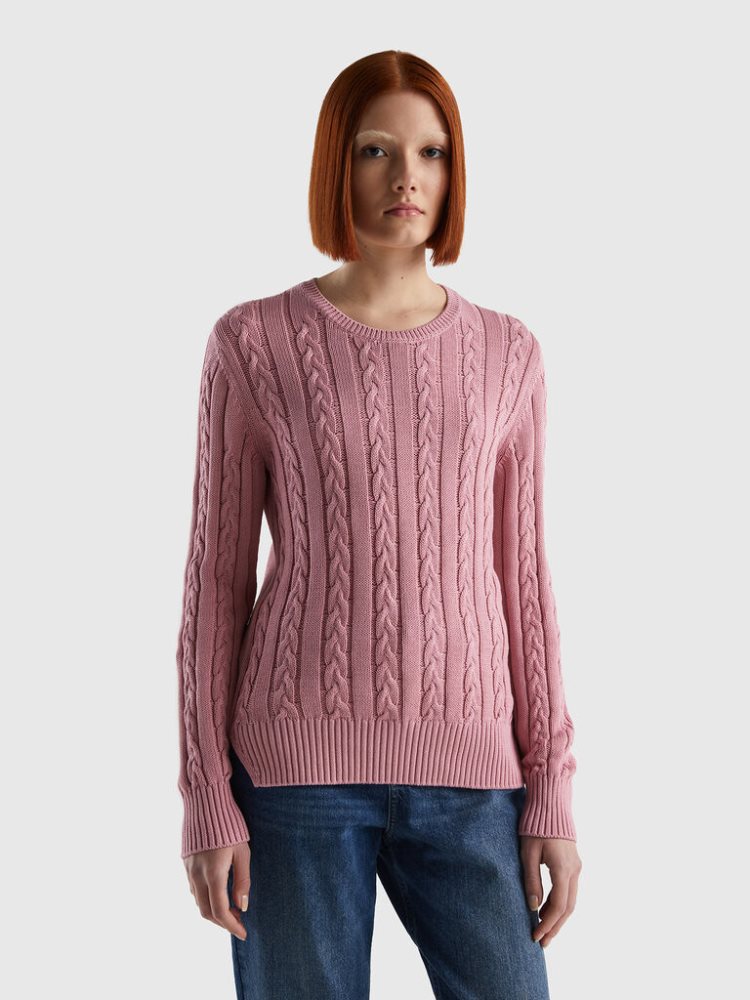 Benetton Cable Knit 100% Katoenen Crew Neck Sweaters Dames Roze | BE165052