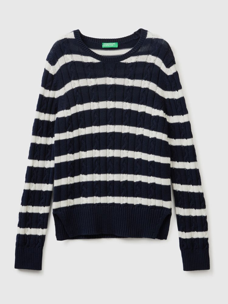 Benetton Cable Knit 100% Katoenen Crew Neck Sweaters Dames Donkerblauw | BE774671