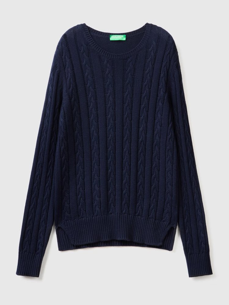 Benetton Cable Knit 100% Katoenen Crew Neck Sweaters Dames Donkerblauw | BE874098