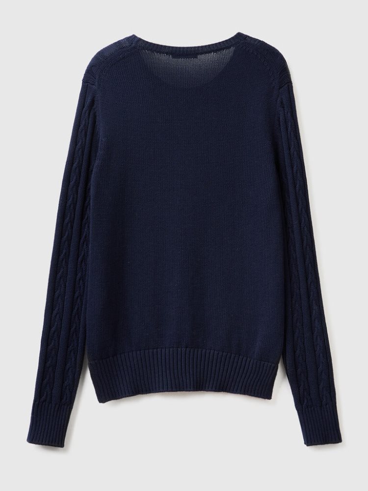 Benetton Cable Knit 100% Katoenen Crew Neck Sweaters Dames Donkerblauw | BE874098