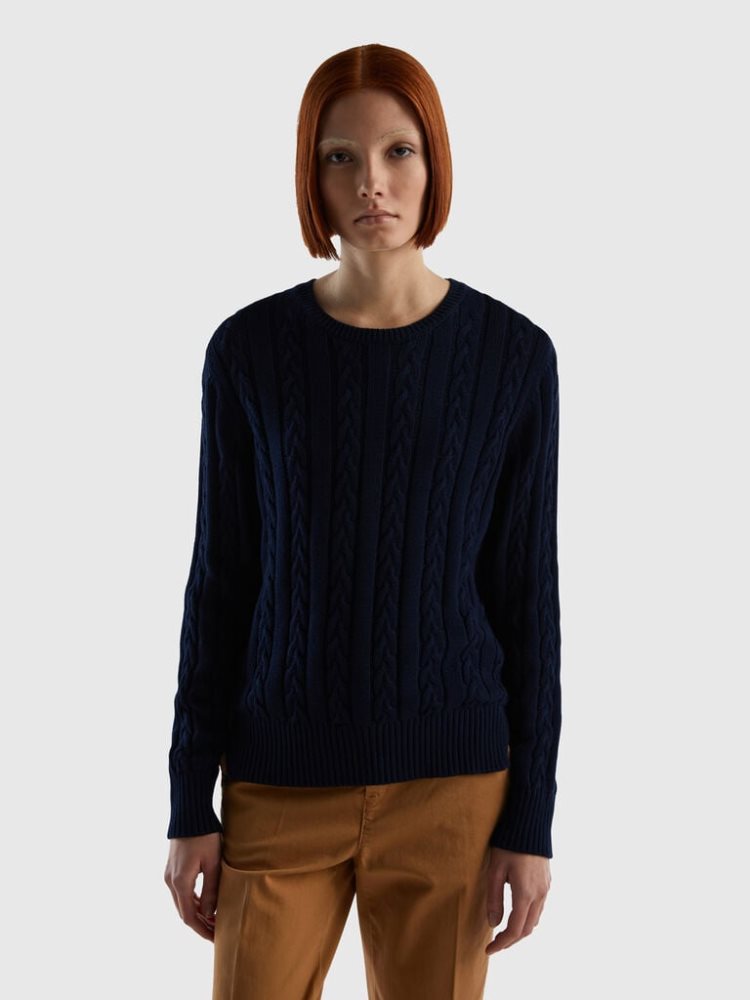 Benetton Cable Knit 100% Katoenen Crew Neck Sweaters Dames Donkerblauw | BE874098