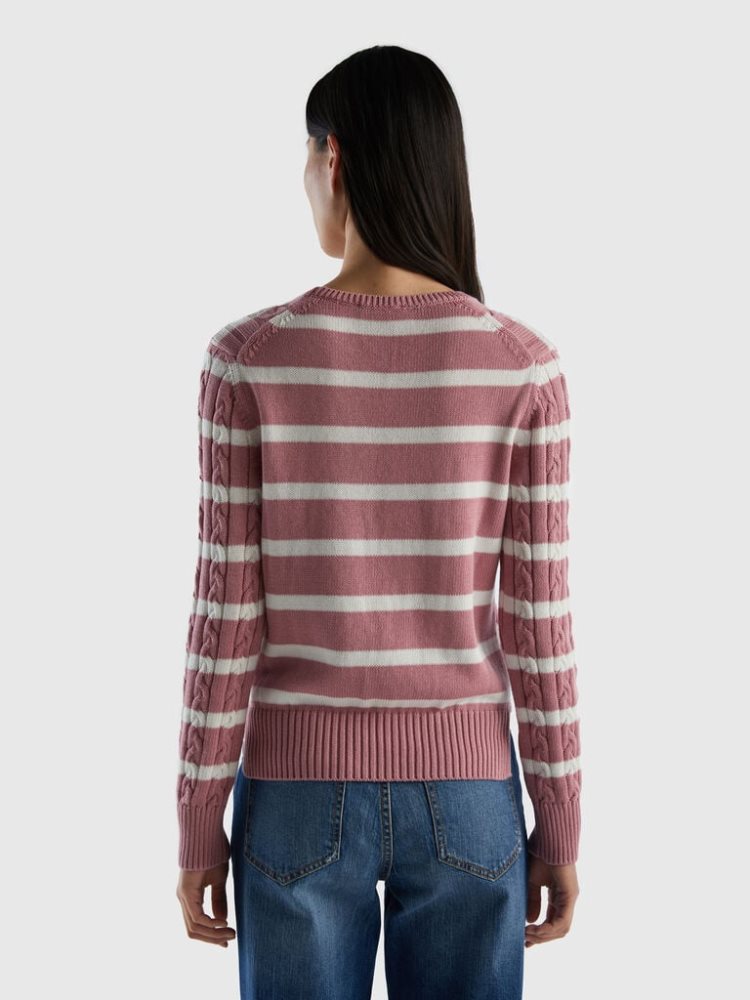 Benetton Cable Knit 100% Katoenen Crew Neck Sweaters Dames Roze | BE880353