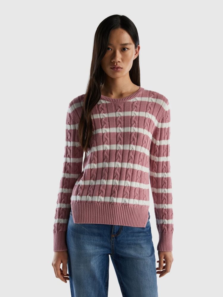 Benetton Cable Knit 100% Katoenen Crew Neck Sweaters Dames Roze | BE880353