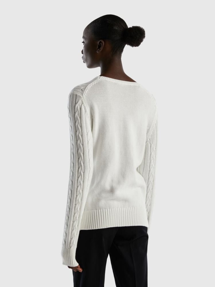 Benetton Cable Knit 100% Katoenen Crew Neck Sweaters Dames Wit | BE901073