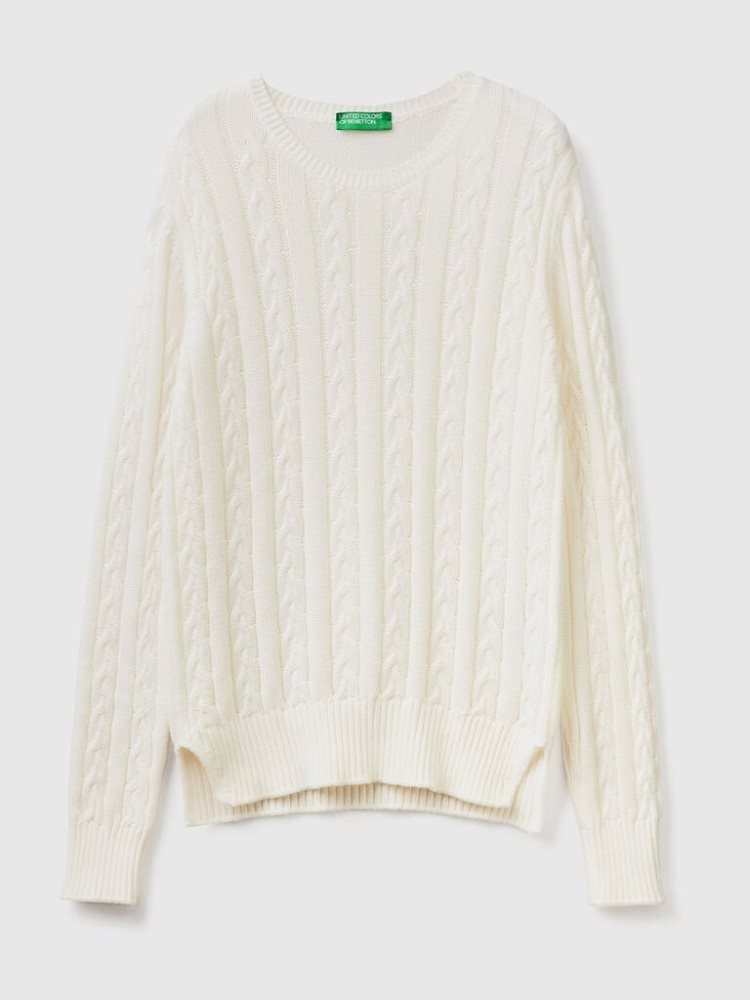 Benetton Cable Knit 100% Katoenen Crew Neck Sweaters Dames Wit | BE901073