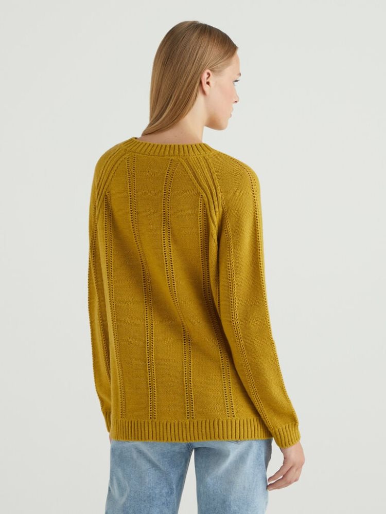 Benetton Cable Knit And Perforations Crew Neck Sweaters Dames Geel | BE770395